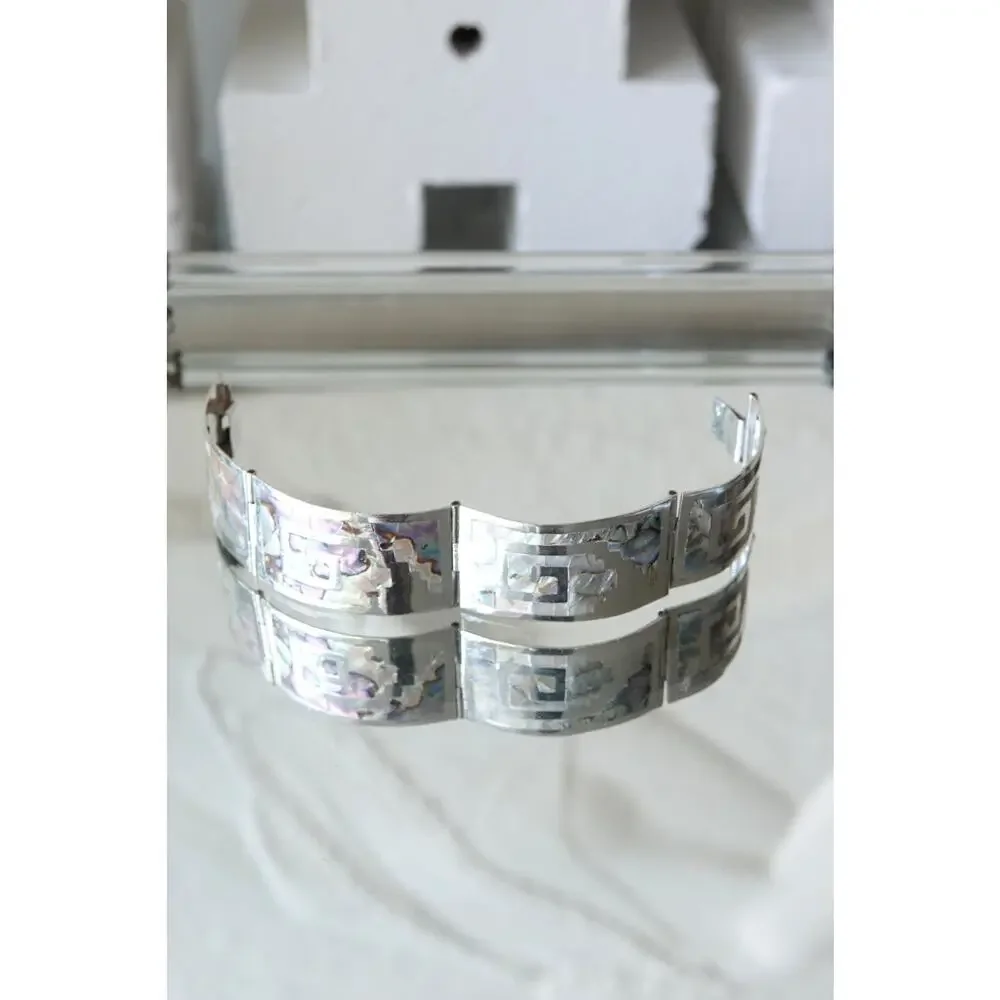 Vintage Sterling Silver Greek Key Abalone Cuff Bracelet, Mexico